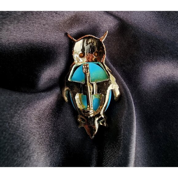 Vintage Blue Cabochon Green Eyes Citrine Rhinestones Gold Toned Owl Animal Brooc - Picture 6 of 6